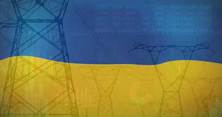 Image of flag of ukraine over field and electricity poles
