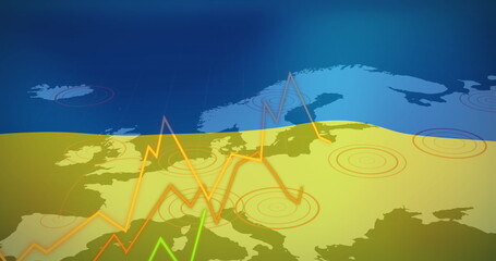 Fototapeta premium Image of financial data and graph over europe map and flag of ukraine