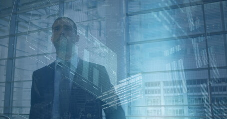 Image of data processing over caucasian businessman walking