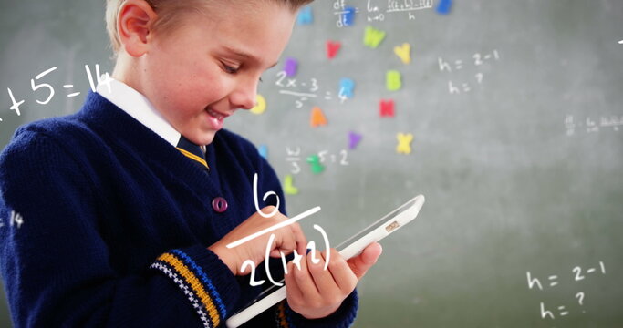 Smiling schoolboy with tablet showcases digital education through math equations.