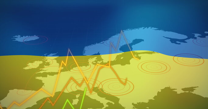 Naklejki Image of financial data and graph over europe map and flag of ukraine