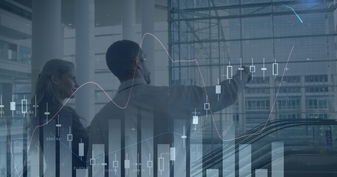 Image of data processing over caucasian business people talking