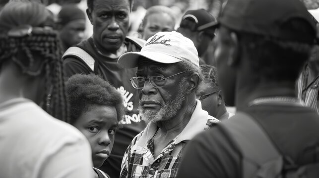 Elderly man and child in a crowd. Black and white documentary-style photography capturing generational diversity and community events