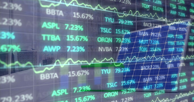 Image of financial data processing over cardboard boxes on conveyor belt in warehouse