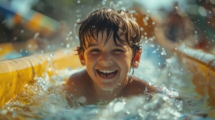Funny little boy rides off an orange slide in water park. Child ride from yellow waterslide. Laughing kid have fun in aquapark. Summer vacation. Happy childhood. Joyful waterpark leisure. Active rest - obrazy, fototapety, plakaty