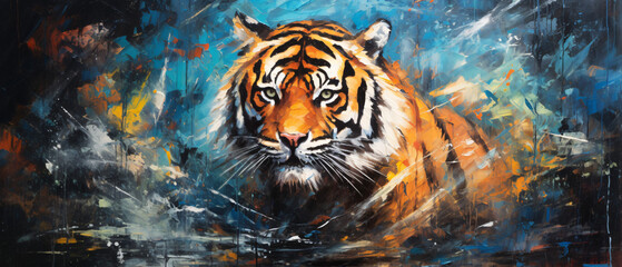 Oil painting of a tiger done with a palette knife  - obrazy, fototapety, plakaty