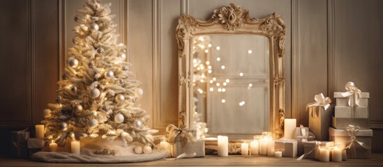 The room is decorated with a Christmas tree and a mirror, creating a festive atmosphere with the holiday ornament and reflection of the tree