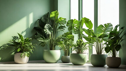 Stylish white wooden shelves with green succulent plants. Modern hipster room decoration.generative.ai