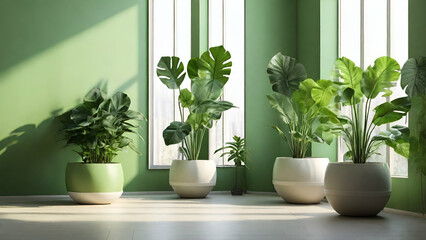 Stylish white wooden shelves with green succulent plants. Modern hipster room decoration.generative.ai