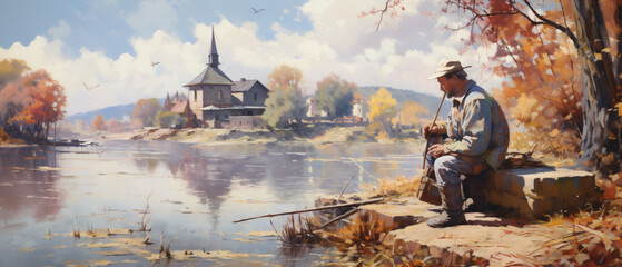 Oil painting on canvas. Fisherman on the embankment of