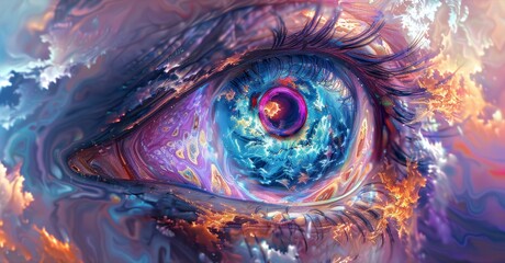 Artistic digital rendering of an eye with colorful abstract patterns. Creativity and digital art concept