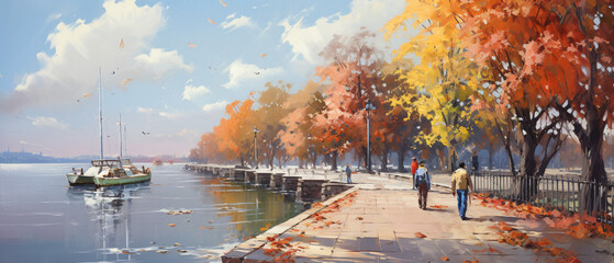 Oil painting on canvas. Fisherman on the embankment of - obrazy, fototapety, plakaty
