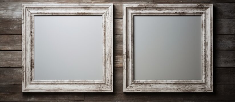 Two rectangular wooden frames with glass fixtures are hanging on a wooden wall. The frames are composed of a composite material with tints of silver, giving a transparent and elegant look