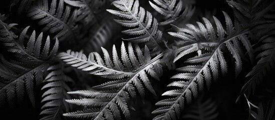 A closeup blackandwhite photo of fern leaves in the dark, showcasing the intricate pattern of this terrestrial plant organism against a wood backdrop - obrazy, fototapety, plakaty