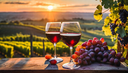 Vineyards at sunset with wine glasses with grapes and cheese platter in the background