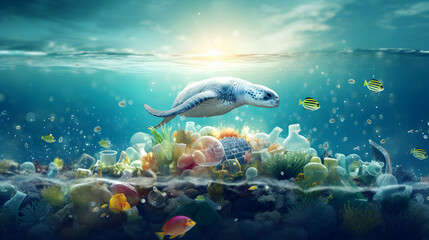 Obraz na płótnie Canvas a turtle swimming in the ocean underwater aquatic life oceanic day beautiful oceanic background