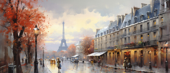 Oil Painting Street View of Paris. .european city land - obrazy, fototapety, plakaty