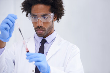 Science, test and man with blood in pipette, glasses and medical research for dna results with lab technician. Pathology, laboratory and scientist with sample for analysis, investigation or diagnosis