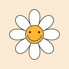White smiling daisy chamomile flower. Groovy retro icon set. 60s, 70s hippie psychedelic style. Trendy graphic print. Sunny template. Flat design. Isolated. Yellow background. - 757774043