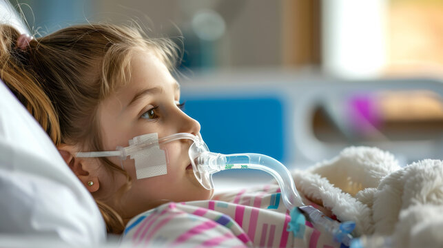Young girl in hospital bed with medical help to breathe