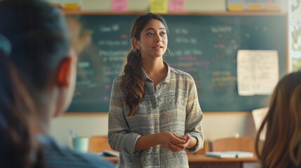 Teacher speaking in front of a classroom with a chalkboard background. Education and learning concept. - obrazy, fototapety, plakaty