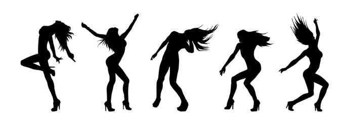 Collection silhouette of female dancer in action pose. Silhouette of slim women in dancing pose.
