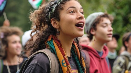 Young woman chanting in a crowd. Candid outdoor photography with a focus on cultural diversity and activism. Social movement and community gathering concept