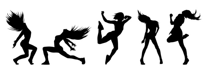 Collection silhouette of female dancer in action pose. Silhouette of slim women in dancing pose.