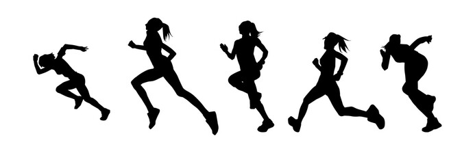 Fototapeta na wymiar Silhouette collection of sporty woman in running pose. Silhouette collection of female run pose.