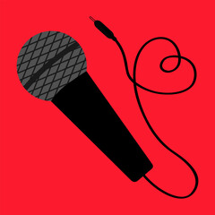 Microphone mic icon with wire cord. Heart shape. Music karaoke party. Happy Valentines day. Greeting card. Black metal color. Cards, decorations, logo template. Flat design. Red background. Isolated. - 757774876
