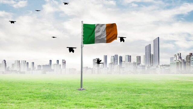 The flag of Ireland is flying and the birds are flying with it