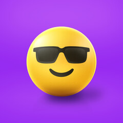 Cool sunglasses Emoji stress ball on shiny floor. 3D emoticon isolated.