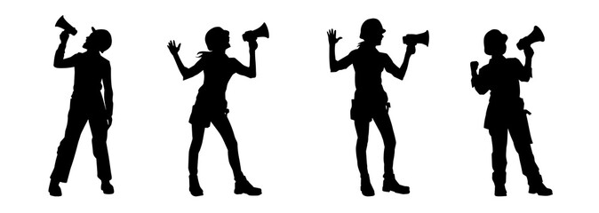 Silhouette collection of  female in worker costume shouting on megaphone tool. Silhouette collection of  woman wearing worker helmet carrying megaphone loudspeaker.