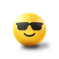 Cool sunglasses Emoji stress ball on shiny floor. 3D emoticon isolated.
