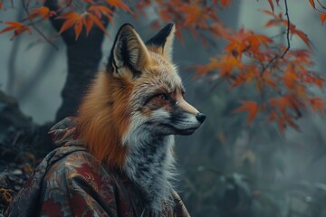 Obraz premium Surreal portrait of a fox in human clothing amidst autumn foliage