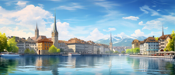 Old town of Zurich with Limmat river in Switzerland di - obrazy, fototapety, plakaty