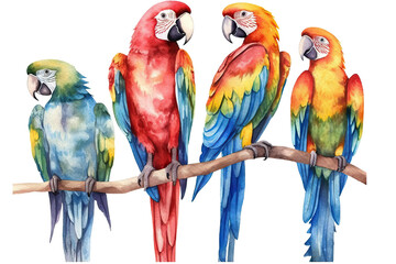 watercolor p Macaws white background Tropical isolated birds