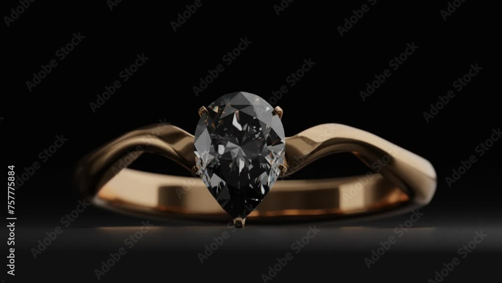 Wall mural Gold diamond ring on black background Simple yet elegant diamond wedding ring for women. 3D rendering. - Wall murals