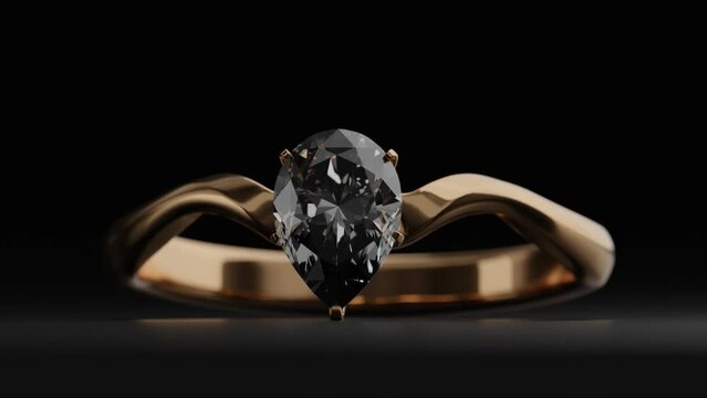 Gold diamond ring on black background Simple yet elegant diamond wedding ring for women. 3D rendering.