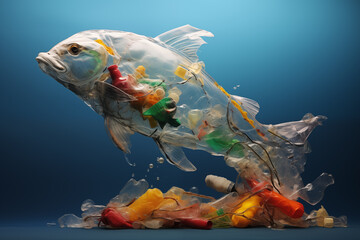 transparent fish with plastic waste inside body and on ground in blue water, pollution of the seas