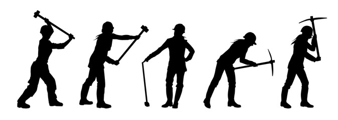 Silhouette collection of female workers carrying sledge hammer and pick axe tool