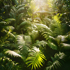 The sunlight filters through the ferns, illuminating the lush jungle floor with a warm glow, highlighting the terrestrial plants and creating a beautiful natural landscape