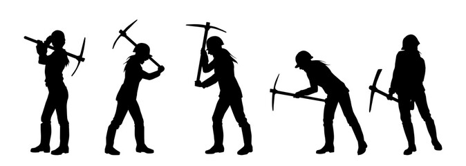 Silhouette collection of workers in action pose carrying pick axe tool