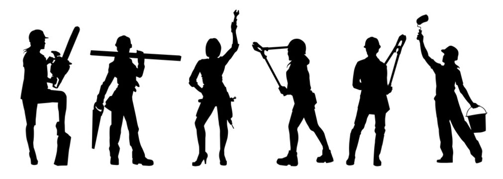 Collection silhouette of female workers in action pose with tools.