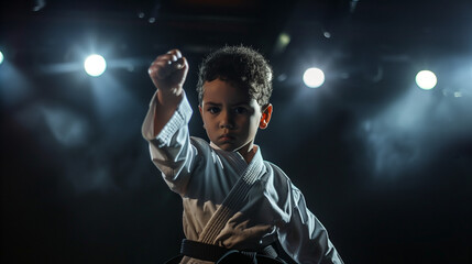 little boy passionately practices martial arts in a black studio room, decorated with dramatic spotlights. Ai generated Images