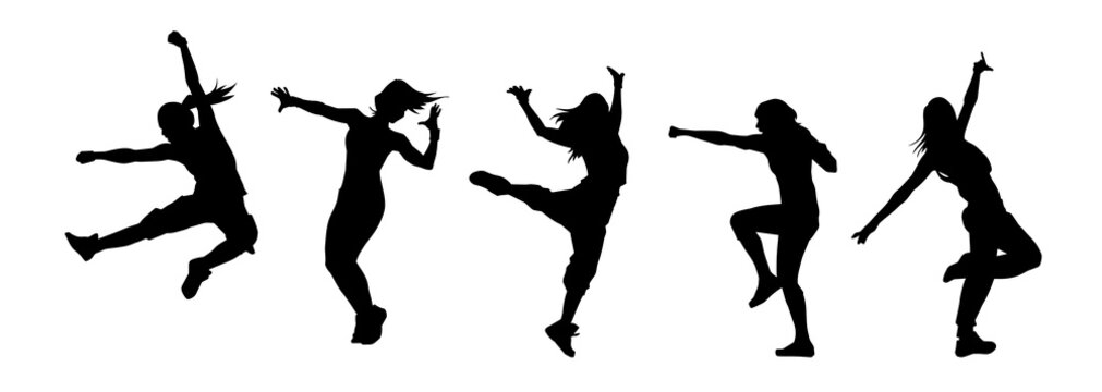 Collection silhouette of female dancer in action pose. Silhouette of slim women in dancing pose.
