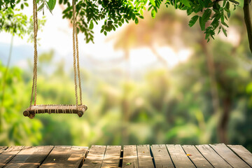 Wooden table top and swing with blurred of nature with bokeh background use for products or something display. 