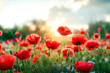 Beautiful field of red poppies in the sunset light