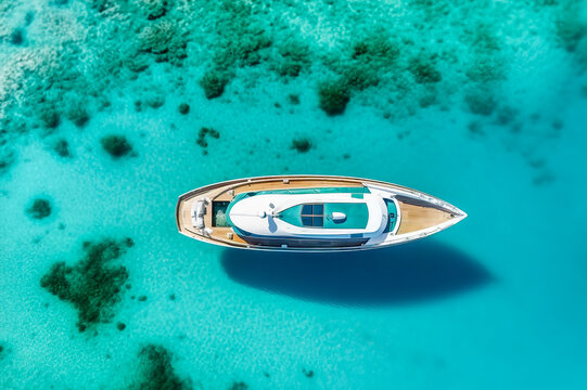 Aerial drone ultra wide panoramic photo with copy space of luxury yacht anchored in tropical exotic island with crystal clear turquoise sea.