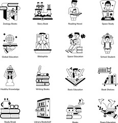 Set of 16 Book and Library Glyph Icons

